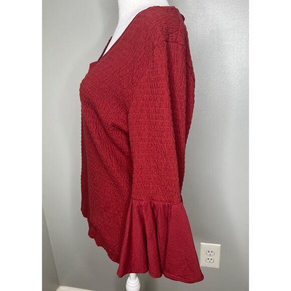 Anthropologie Smocked Red Textured Bell Sleeve Scoop Neck Top Women's XL - Picture 9 of 16